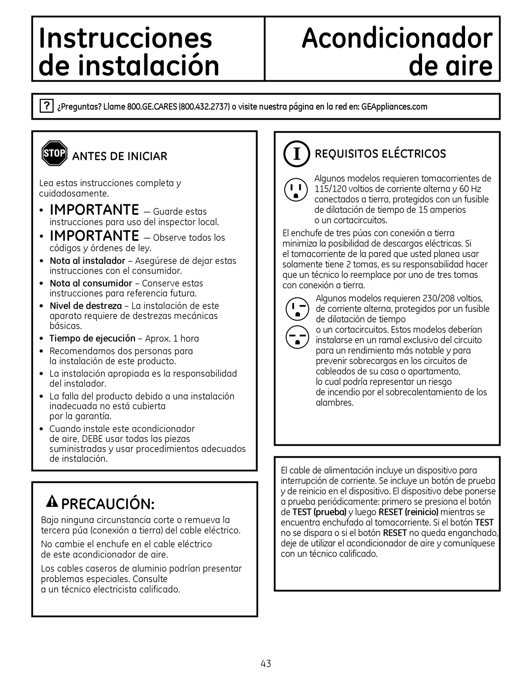 GE AEM2, AEQ2 Antes De Iniciar, Requisitos eléctricos, Lea estas instrucciones completa y cuidadosamente 